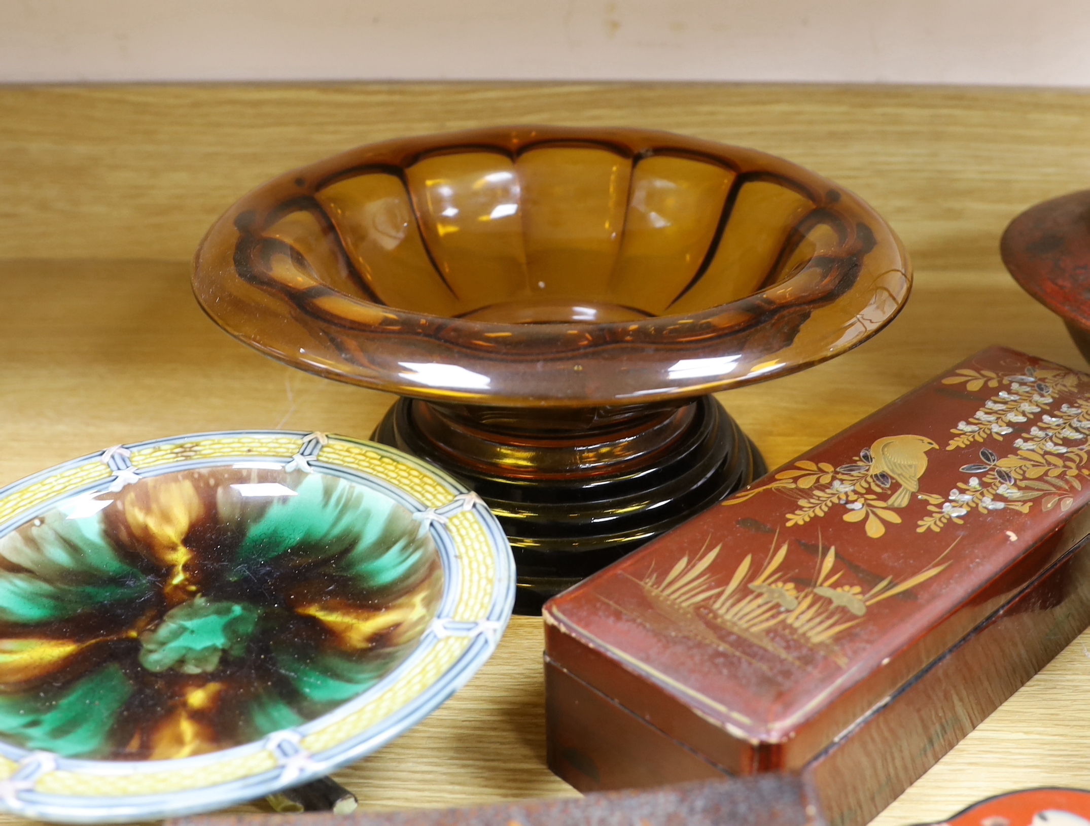 A Victorian mother of pearl inlaid rosewood box, glass pedestal bowl, Wedgwood majolica pedestal dish and various lacquer wares